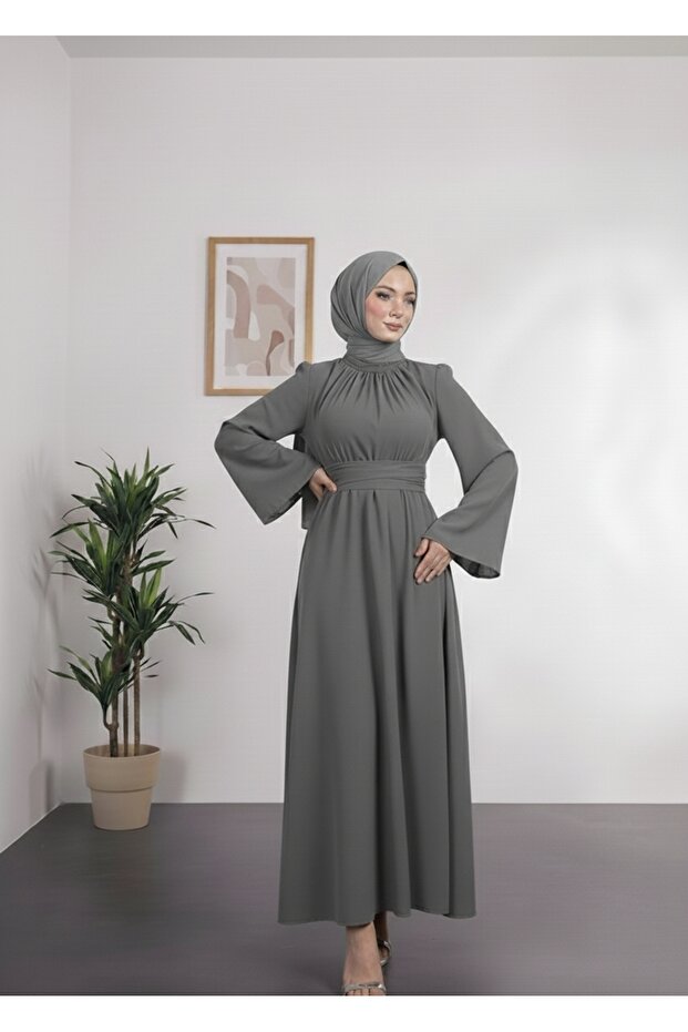 Spanish Sleeve Waist Wrapped Satin Hijab Evening Dress