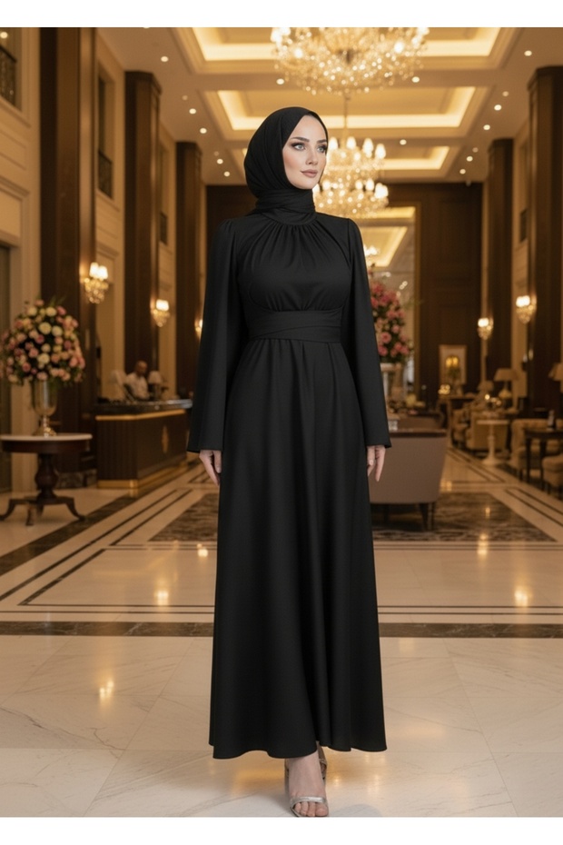 Spanish Sleeve Waist Wrapped Satin Hijab Evening Dress Black