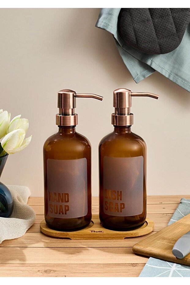 Lozione Set of 2 Kitchen Liquid Soap Dispensers - Liquid Soap Dispenser Set with Bamboo Stand - 2X500 Ml, Amber