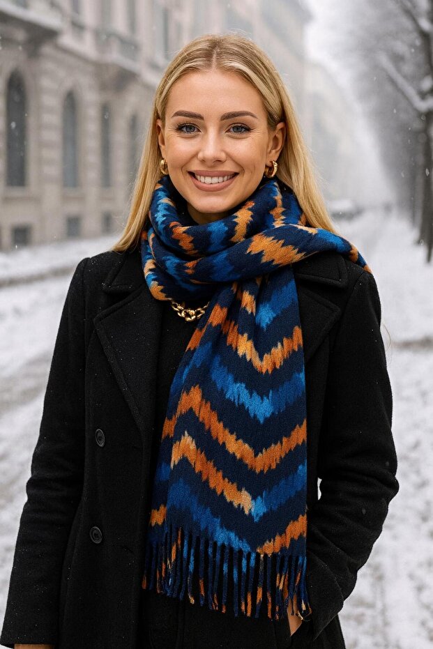 Stripe Patterned Blue Tasseled Women's Shawl
