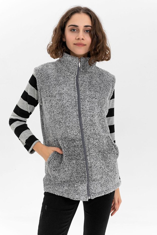 Women's Gray Stand-up Collar Zippered Plush Vest