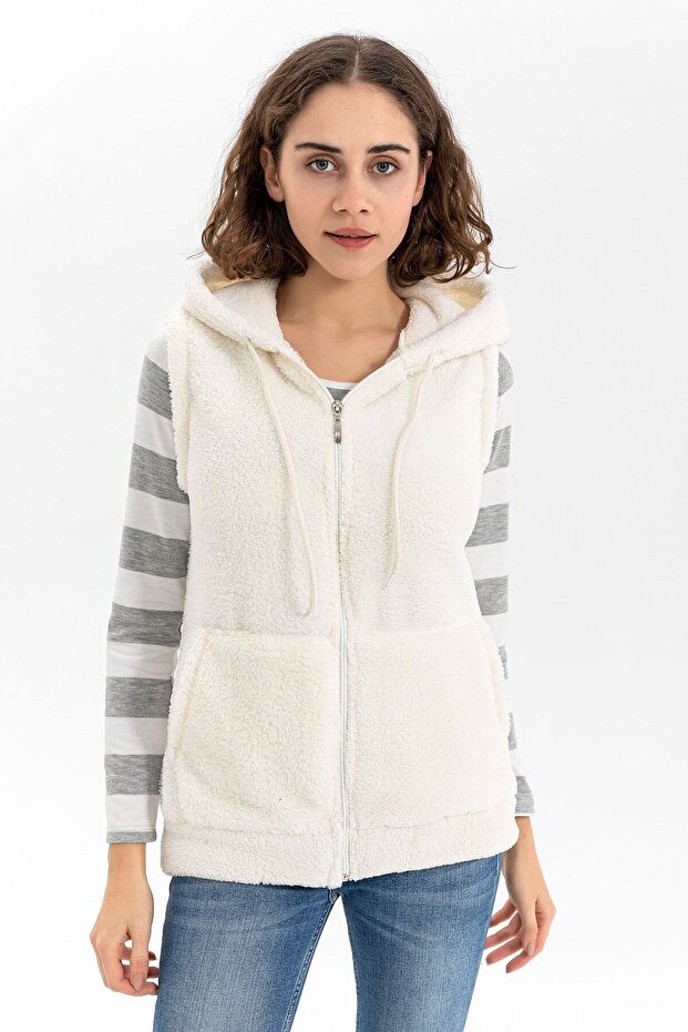 Women's Ecru Hooded Sleeveless Plush Vest