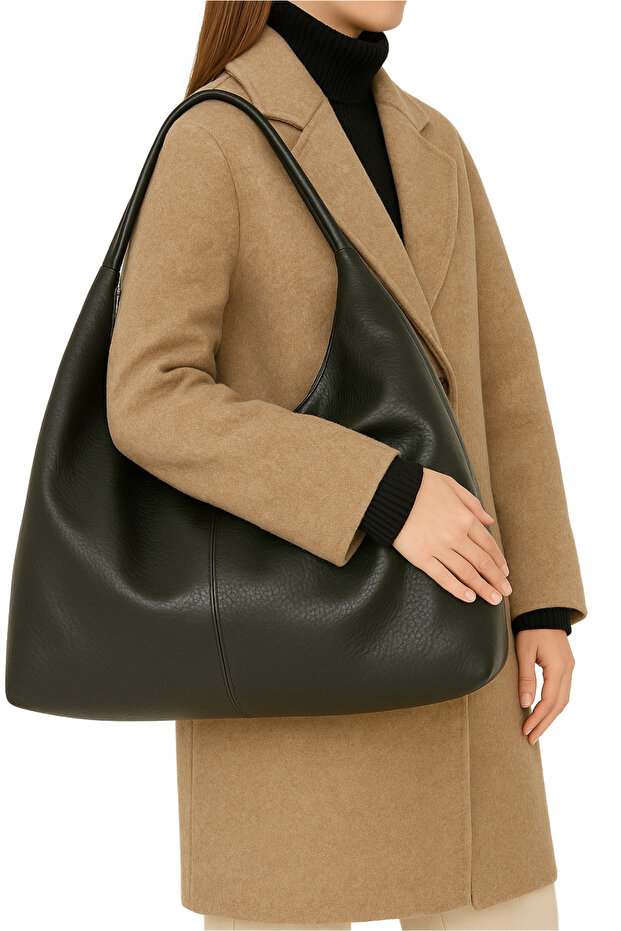 Дамска ежедневна мека текстурирана голяма черна чанта през рамо и чанта тип тоут - 2