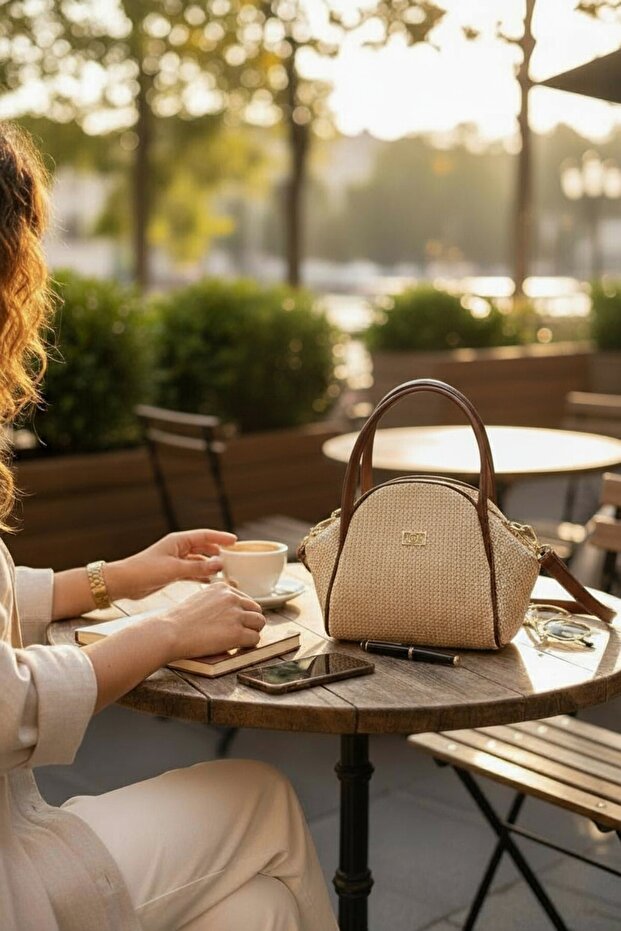 Kadın Krem Hasır Dokulu Taba Kulp-Çizgi Detaylı Minimal El ve Omuz Çantası - 4