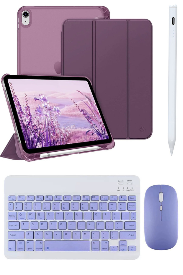 Apple iPad 11. NESİL A16 ve 10.NESİL 10.9 Uyumlu Flip Kılıf Mor + Bluetoothlu Klavye Mouse + Kalem - 1