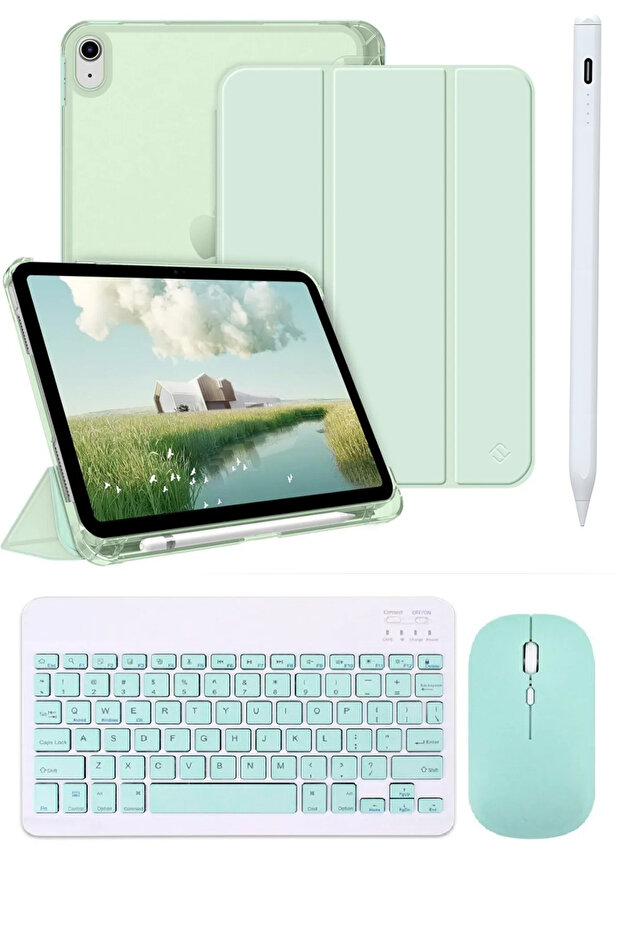 Apple iPad 11. NESİL A16 ve 10.NESİL 10.9 Uyumlu Flip Kılıf A.Yeşil+ Bluetoothlu Klavye Mouse+Kalem - 1