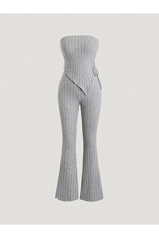 Grey Strapless Asymmetrical Lycra Side Drawstring Blouse Bottom Top Suit, Stretchy Fabric Gray Drawstring Strapless Suit - 3
