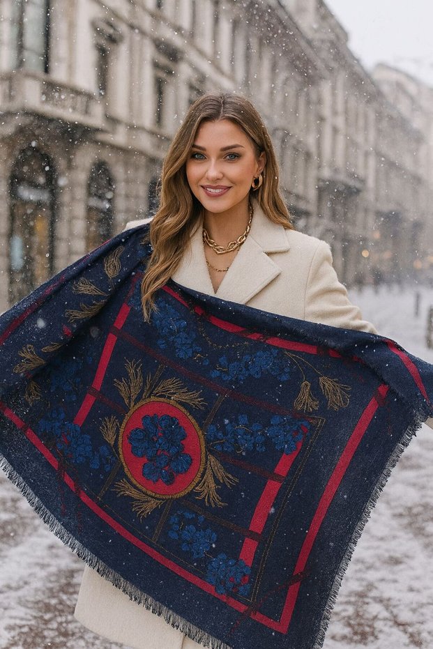 Hyacinth Patterned Navy Blue Women's Shawl
