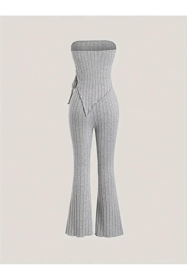 Grey Strapless Asymmetrical Lycra Side Drawstring Blouse Bottom Top Suit, Stretchy Fabric Gray Drawstring Strapless Suit - 4