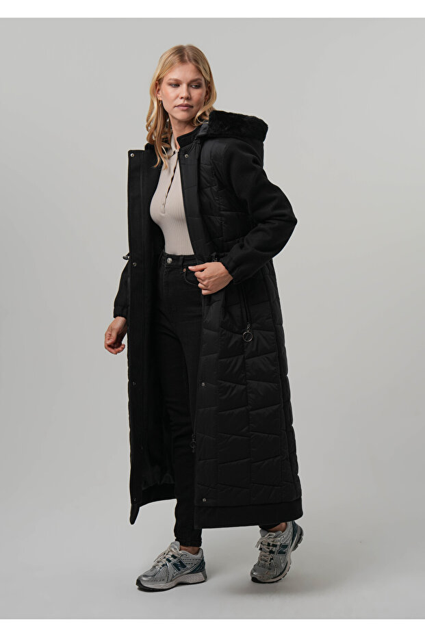 Black Coat Parka Long Coat with Detachable Hood and Melton Detail