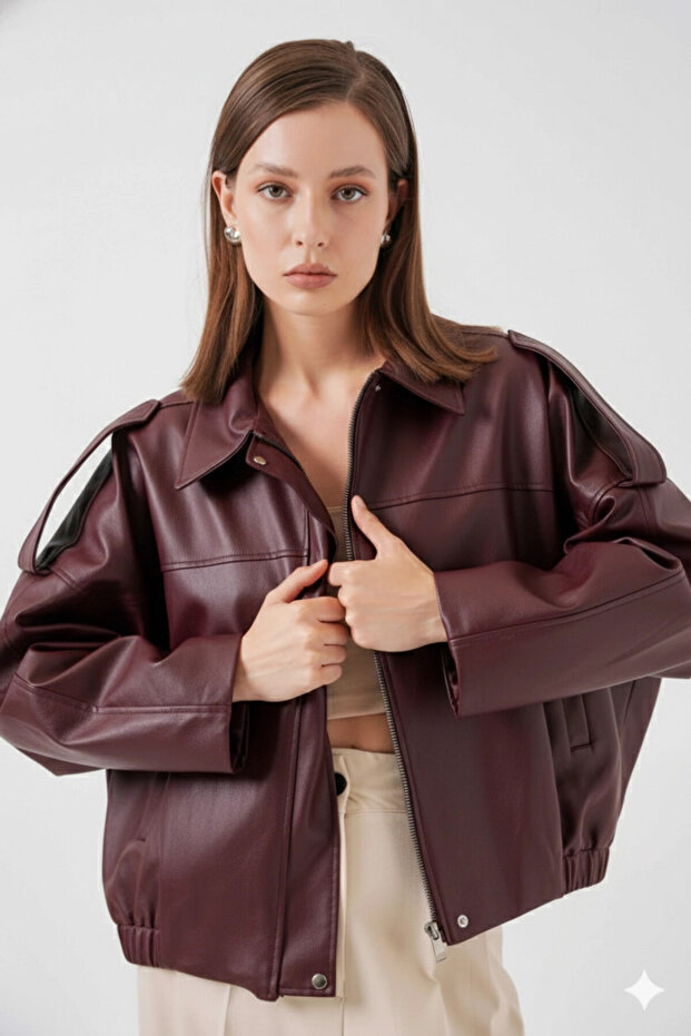 Women's Burgundy Oversize Zippered and Buttoned Side Pocket Faux Leather Jacket Hzl25W-Bd110551
