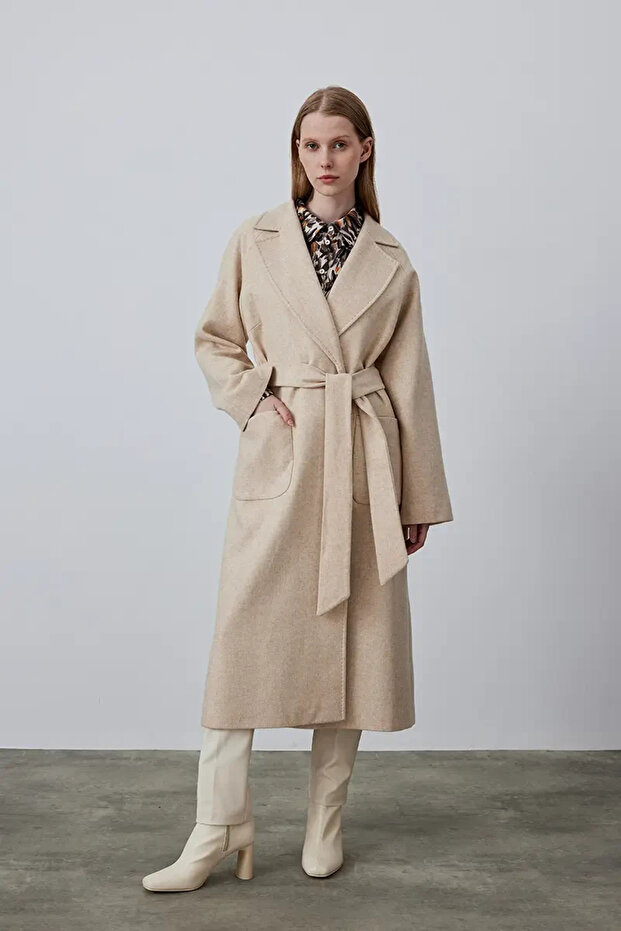 Klasik Yün Manto - Bej - 4