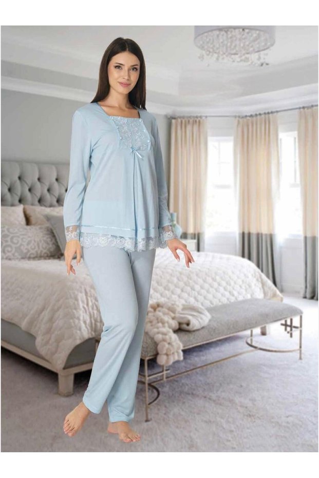 Women's Blue Special Design Lace Cotton Maternity Pajama Set (Effortt)
