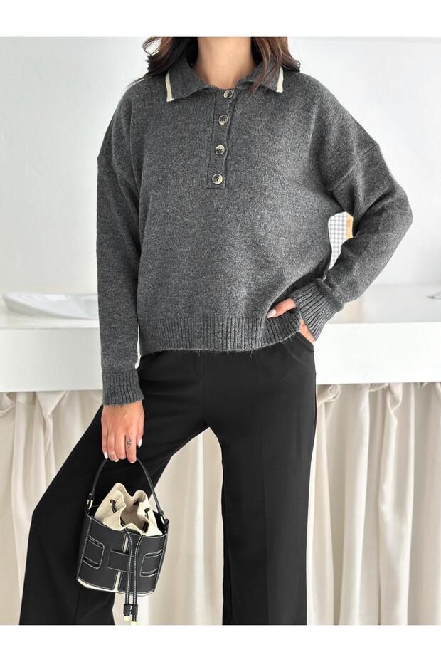 Polo Neck Buttoned Soft Textured Knit Sweater - 2