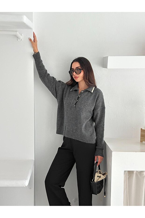 Polo Neck Buttoned Soft Textured Knit Sweater - 5