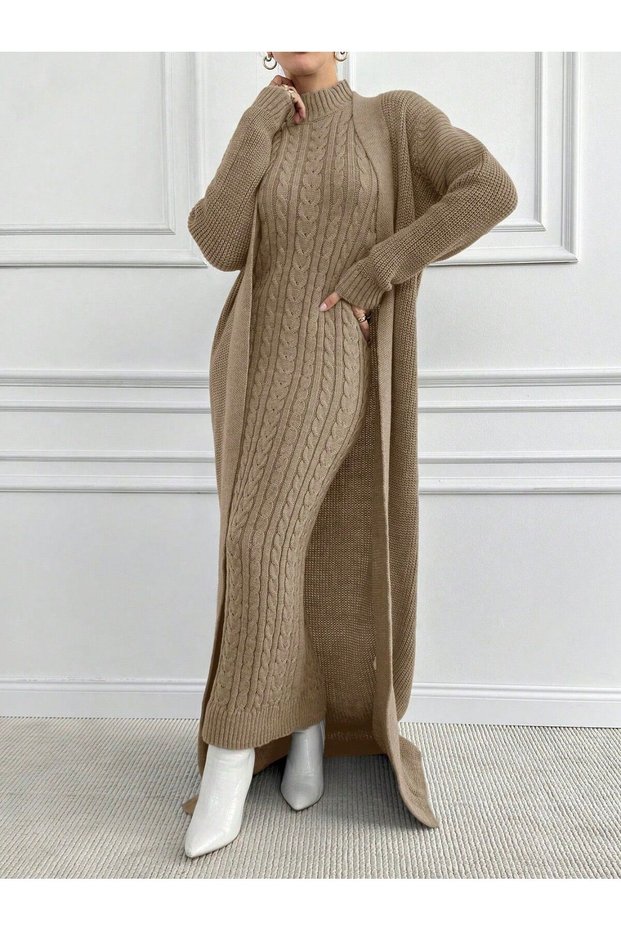2 Piece Women's Chic Vintage Hair Braid Pattern Long Cardigan Sweater Dress Set, Winter Women's Knitwear Suit