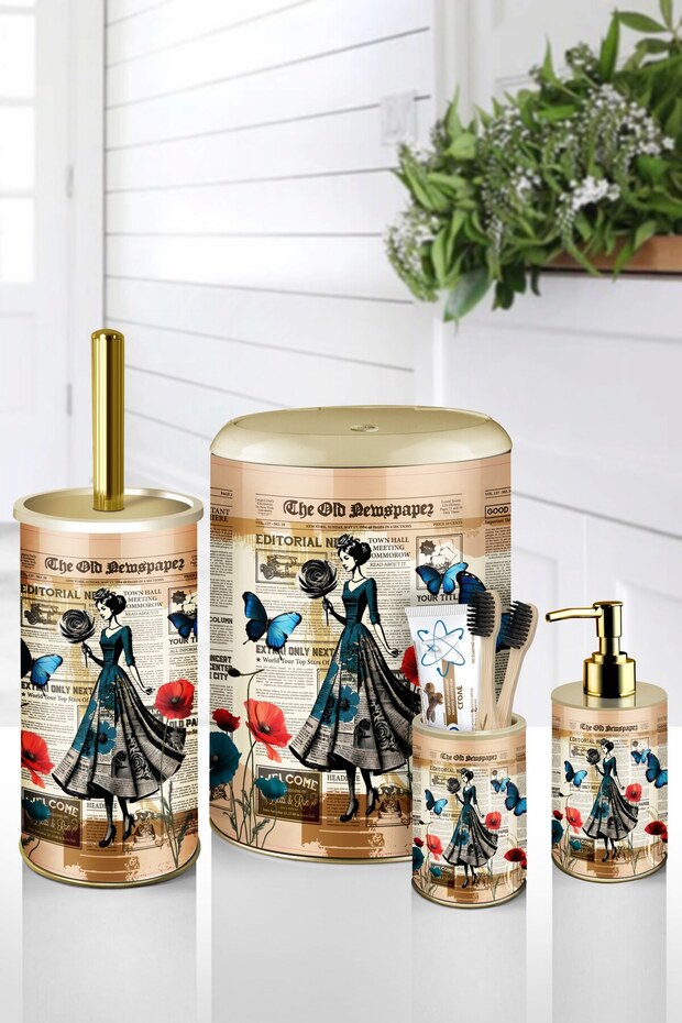 4 Piece Metal Bathroom Set – Vintage Newspaper Pattern – Stylish Design with Click Lid