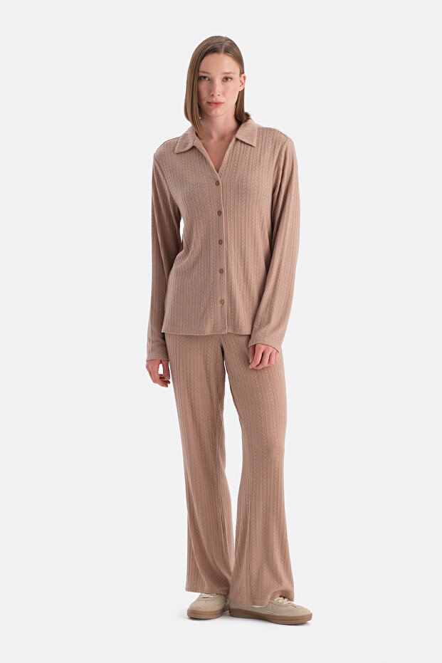 Bej Örgü Detaylı Gömlek - 4