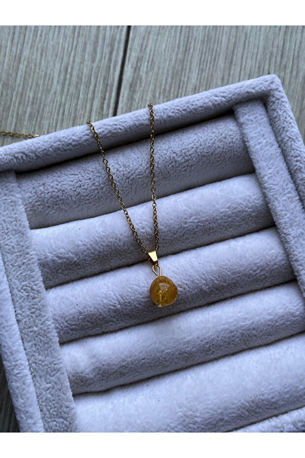 Amorphous Amber Stone Gold Color Steel Necklace Handmade