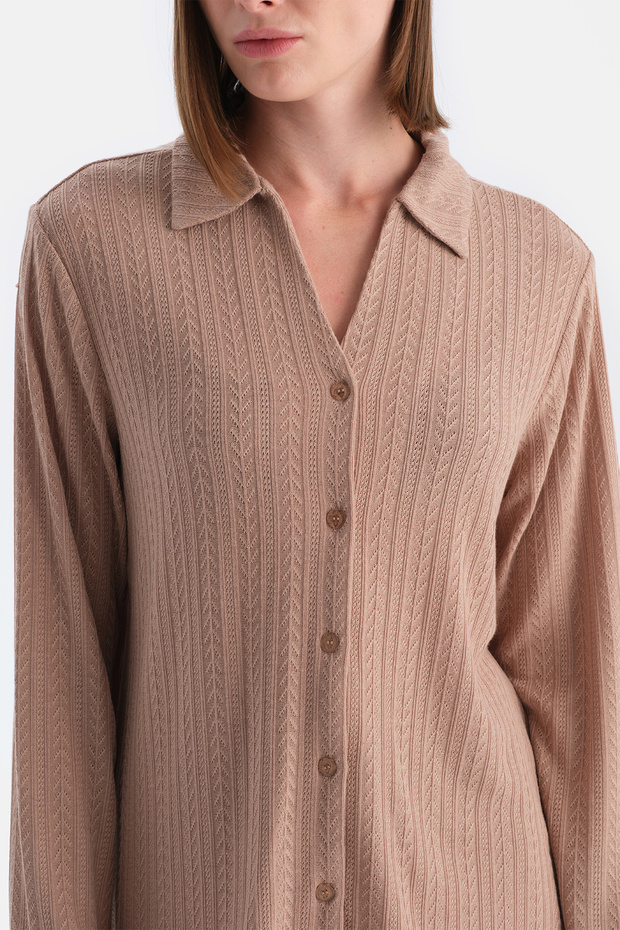 Bej Örgü Detaylı Gömlek - 5