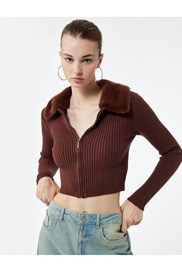Viscose Blend Faux Fur Collar Long Sleeve Zippered Knitwear Cardigan