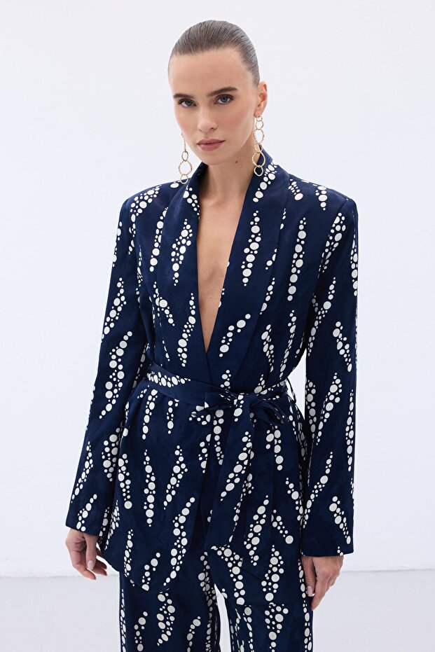Patterned Long Jacket - Navy Blue - 4