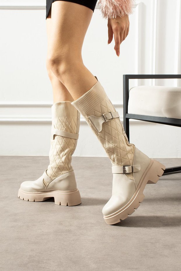 Panve Women's Boot Leg Knitwear Woven Buckle Beige