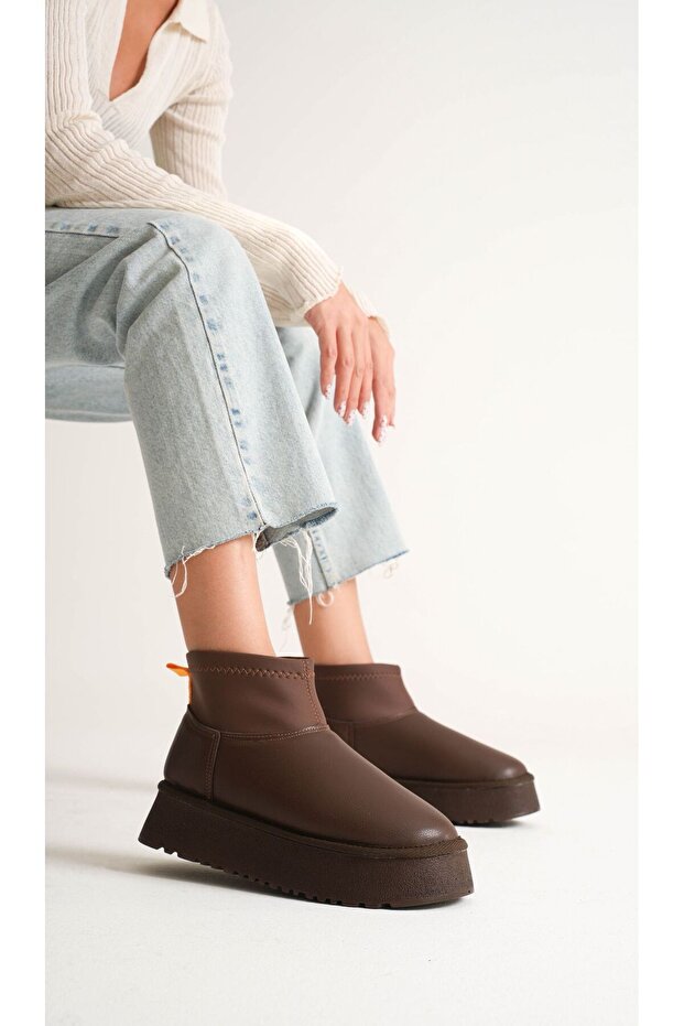 KADIN KALIN TABAN DERİ STREÇ İÇİ KÜRKLÜ HAFİF SU GEÇİRMEZ BOT - 4