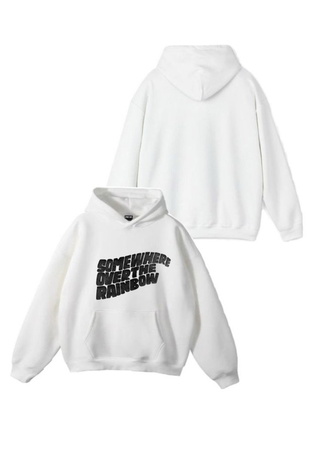 New Season Somewhere over the Rainbow Printed 3 Yarn Cotton Hooded Sweatshirt
