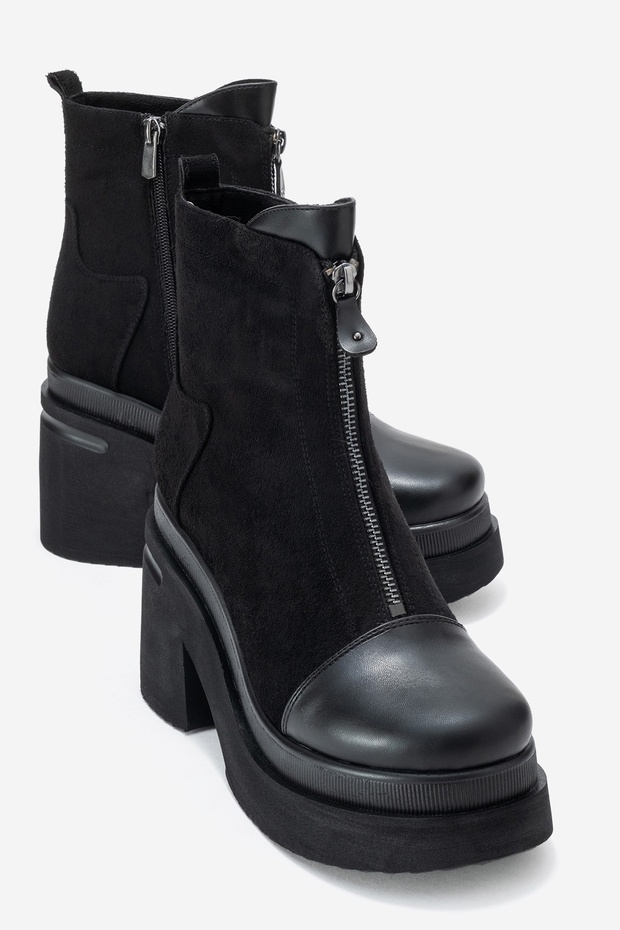 ANETT Black Leather-Suede Zippered Women's Platform Heeled Boots