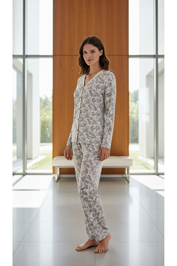 Buttoned Pajama Set with Buttons All over - 2