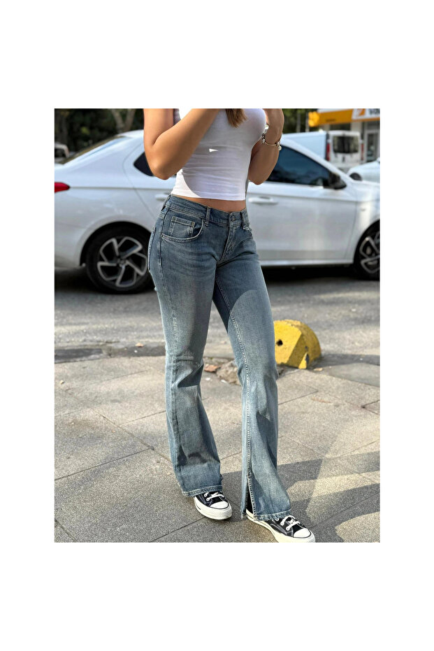 Y2K Retro Düşük Bel Paça Yırtmaçlı Açık Mavi Bootcut Jean Pantolon - 2