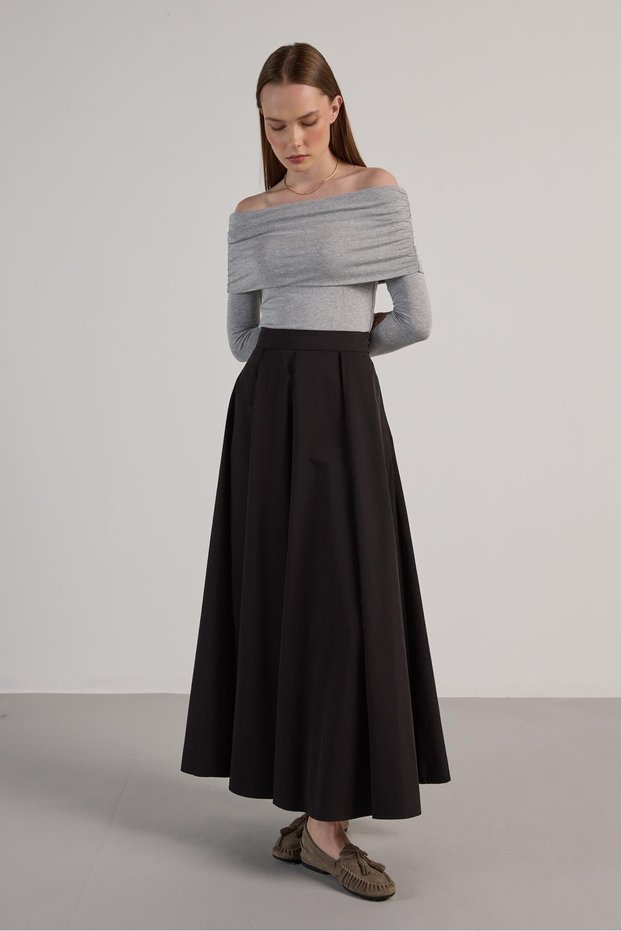 Women's Black Patchwork Detailed Premium Long Skirt 30054