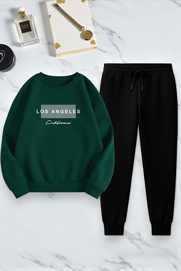 Unisex Los Angeles Printed Oversize Crew Neck Sweatshirt 2-Piece Tracksuit Set