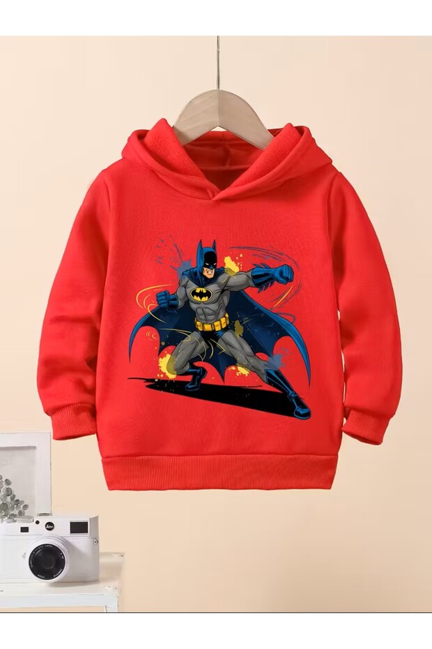Children's Patterned Hooded Sweatshirt - Official Superhero Pose and Bat Symbol Print
