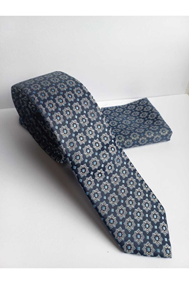 Blue Patterned Thin Tie and Handkerchief Set