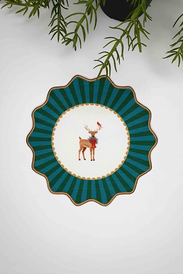 مناديل كوكتيل بيضاوية الشكل مزخرفة بنمط الغزلان مع حواف مطرزة باللون الأخضر، قطعة واحدة