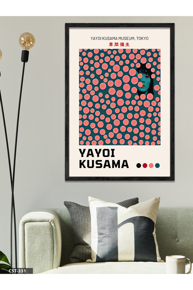 Yayoi Kusama Pink Spotted Portrait One Piece Black Wooden Framed Painting