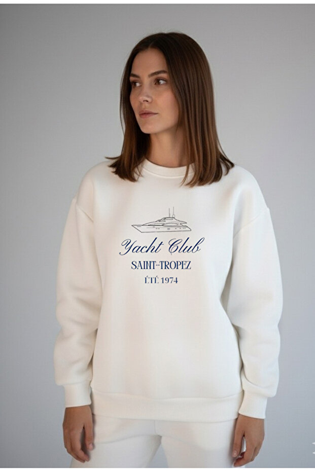 Yacht Club Print Oversize Unisex Cotton White Sweatshirt