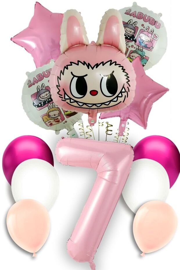 7 Year Old Labubu Balloon Themed Birthday Set Pink Number Flying Balloon Macaron Pink White Balloon
