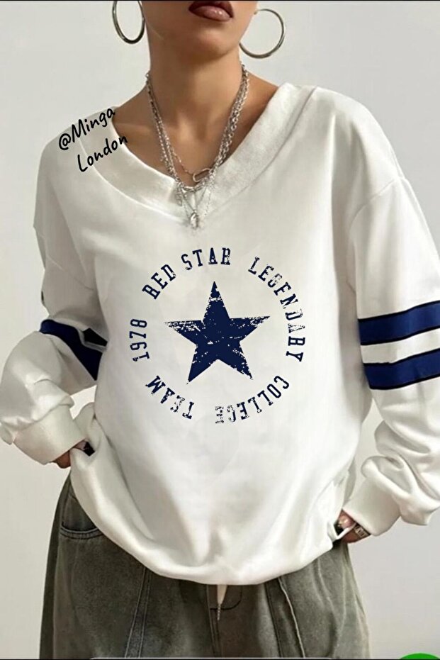 Unisex White Star Printed V-Neck Oversize Sweatshirt