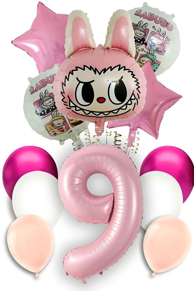 9 Year Old Labubu Balloon Themed Birthday Set Pink Number Flying Balloon Macaron Pink White Balloon