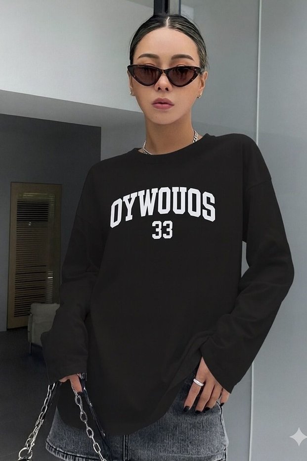 Women's Crew Neck Oywouos Printed Oversize 100% Cotton Long Sleeve T-Shirt