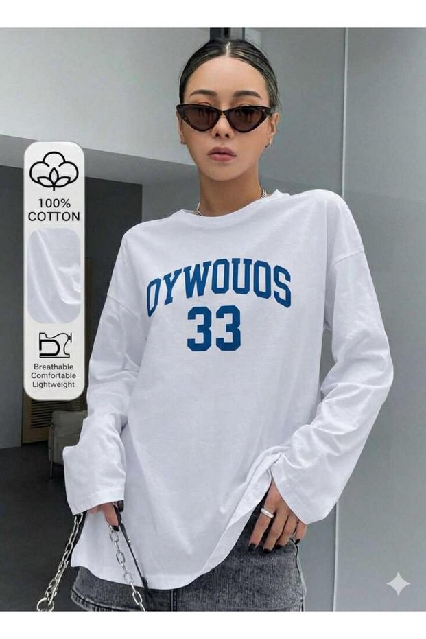 Women's Crew Neck Oywouos Printed Oversize 100% Cotton Long Sleeve T-Shirt