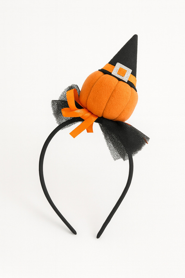 Girl's Cotton Pumpkin Hat Halloween Crown – Shiny Hair Accessory with Tulle Bow