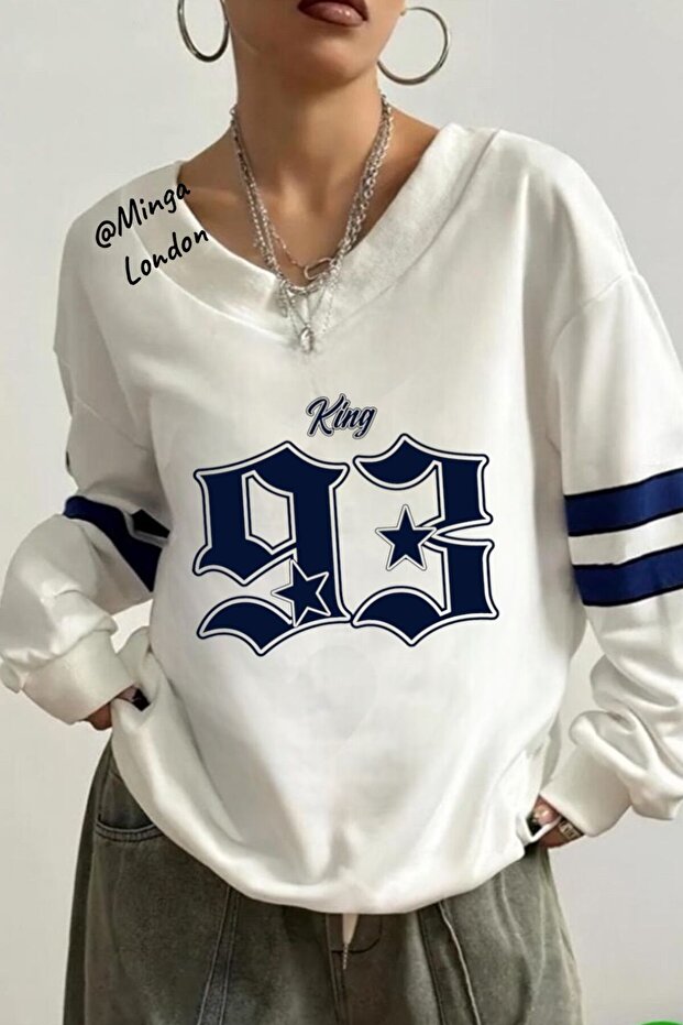 Unisex White 93 Printed V-Neck Oversize Sweatshirt