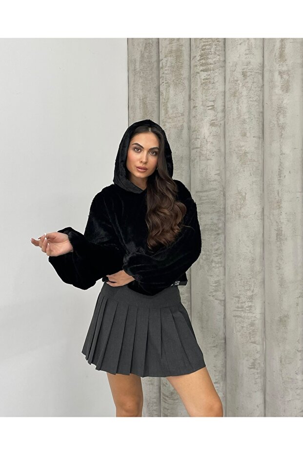 Women's Cropped Soft Balloon Long Sleeve Hooded Stylish Short Sweatshirt