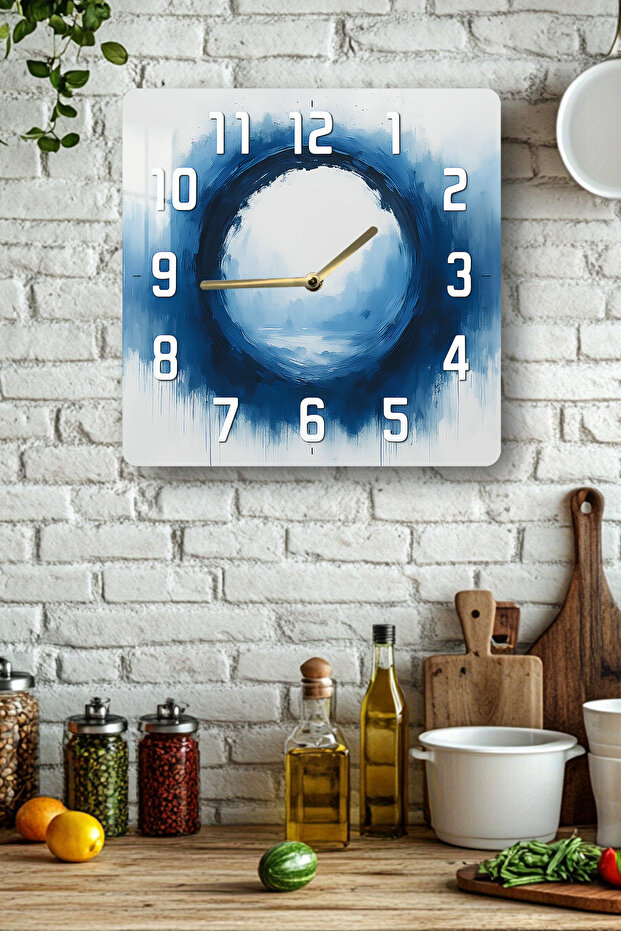 Blue Ring Abstract Pattern Tempered Glass Square Clock 33X33 cm Size Uv Printing - Kcs044 - 1