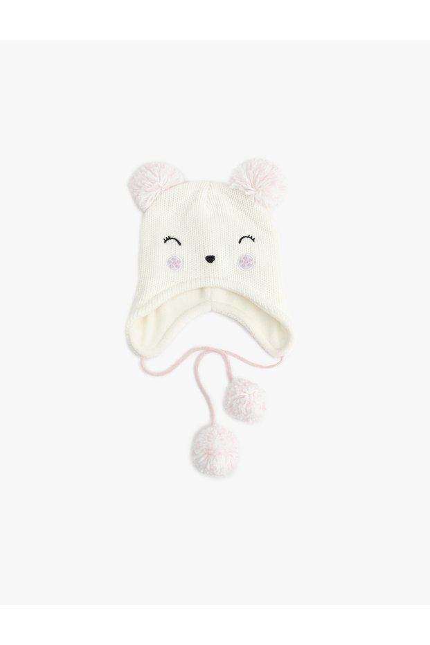 Knitted Beanie with Pom-Pom and Embroidered Cat Figure