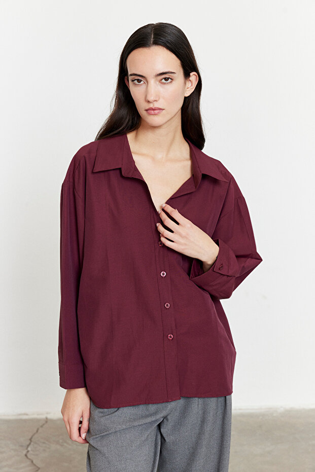 Oversize Poplin Gömlek Bordo - 3